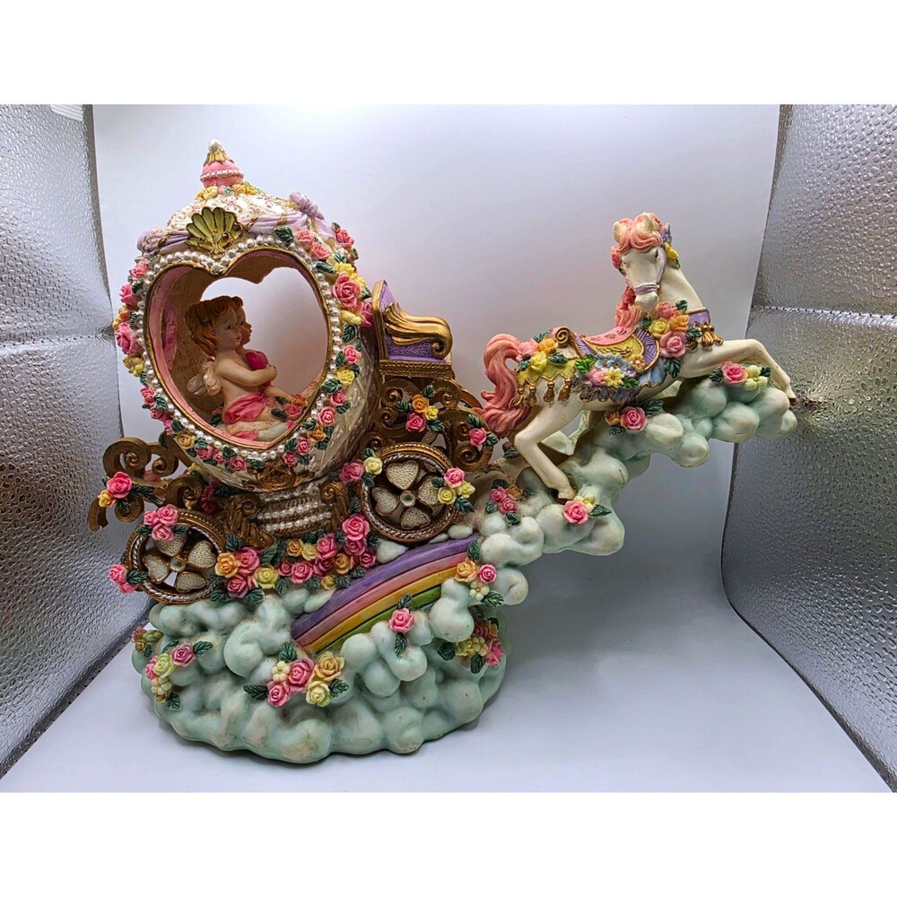 Victorian Angel Horse Carriage Music Box Fly Me to the Moon Floral Figurine